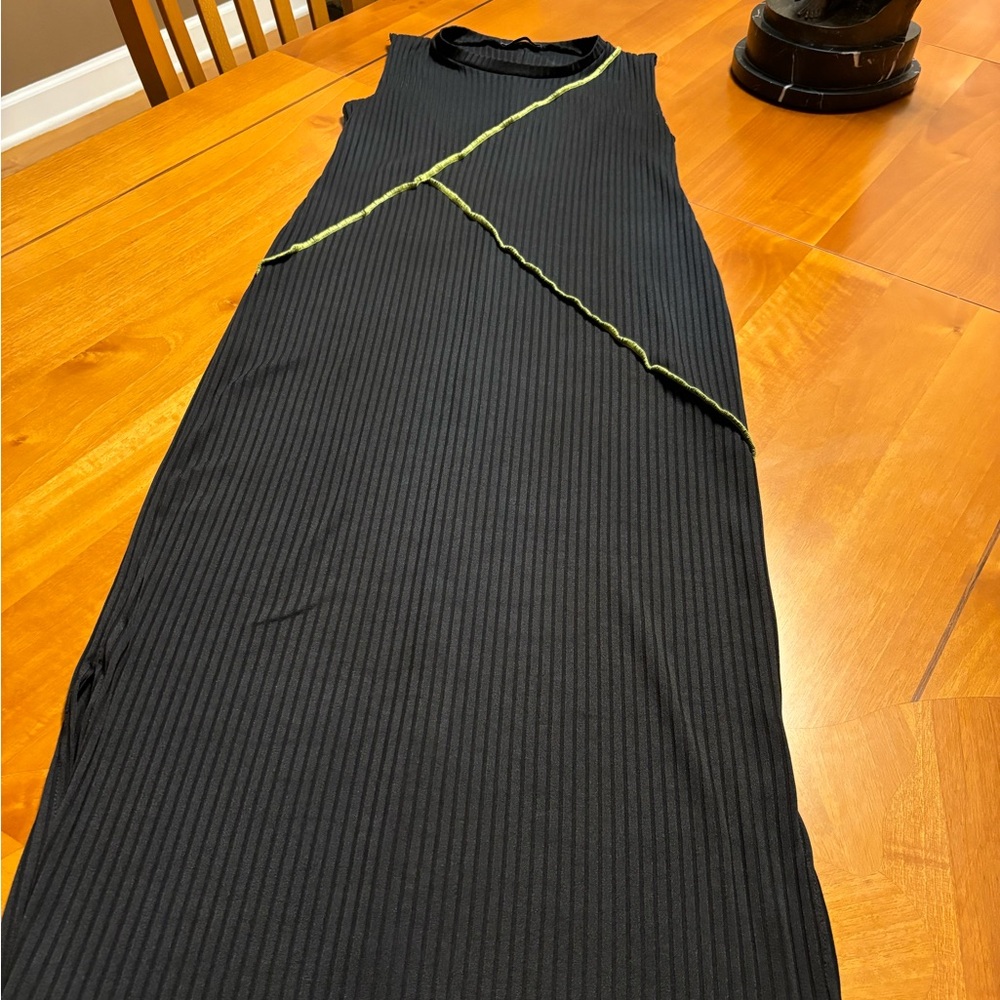 Zara Midi Dress Ribbed Black with Green Stitching M